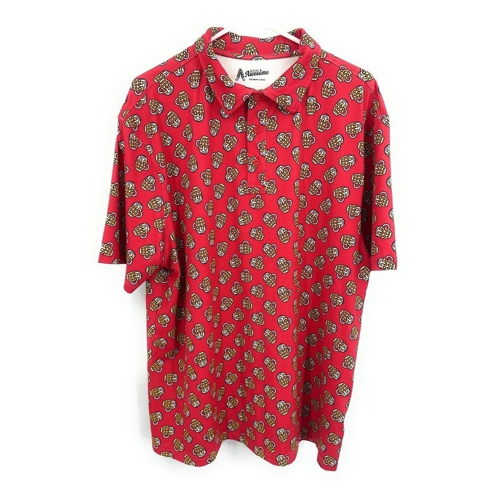 Royal & Awesome Mens XL Golf Polo Shirt Red Beer Mug Print Short Sleeve